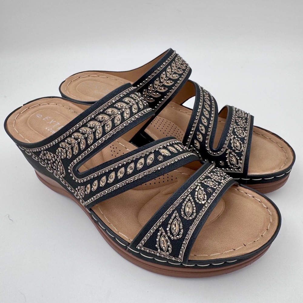 Extreme Comfort Womens Navy Blue Embroidered Wedge Slide Sandals Size 6 EU 36